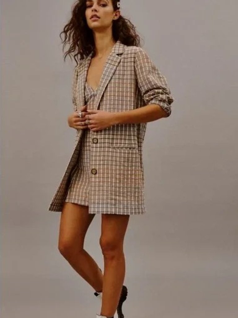 Free People Better Together Set Plaid Mini Dress & Jacket Taupe Combo Size M Nwt